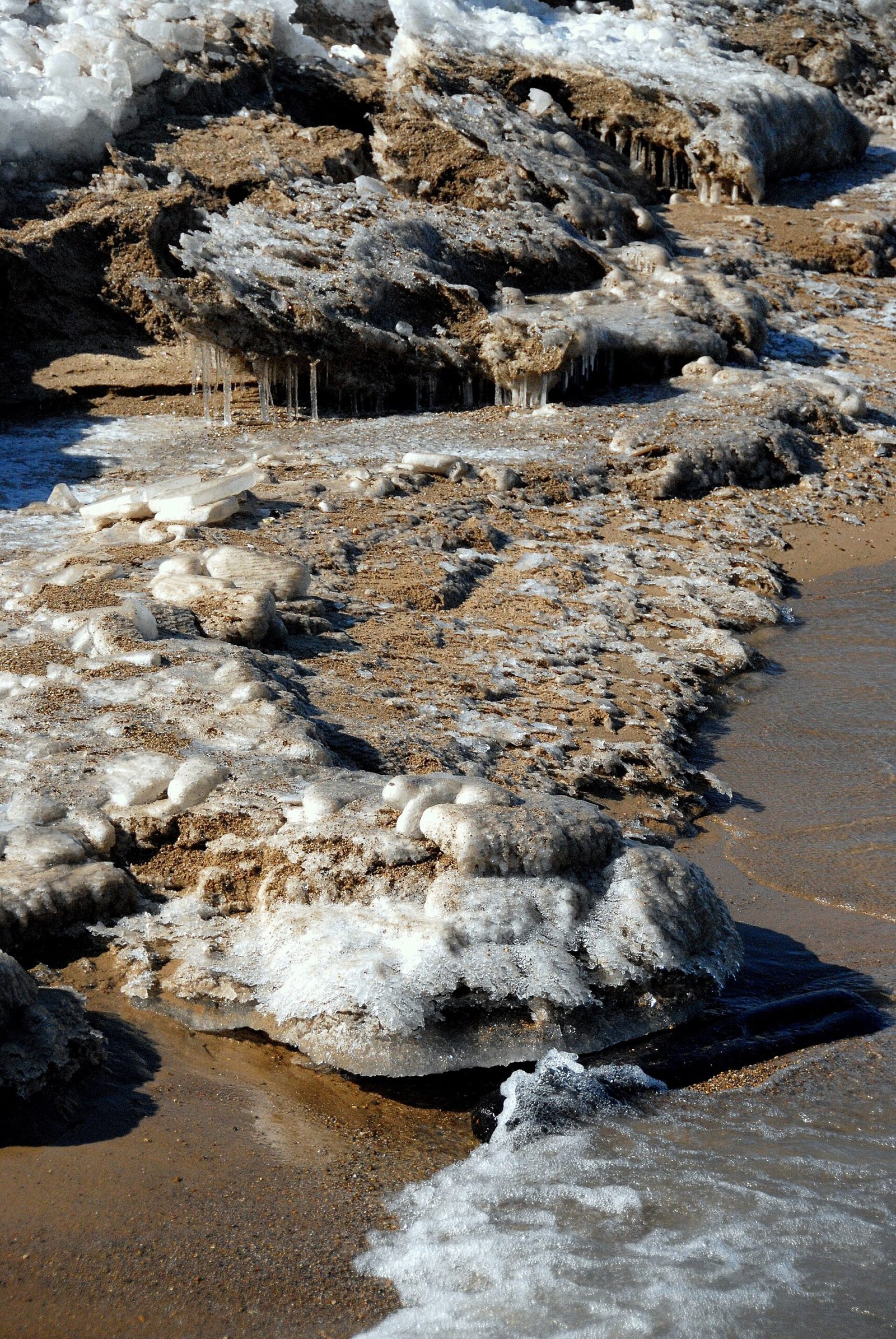 Ice along the Lake Michigan shore in Chicago in winter