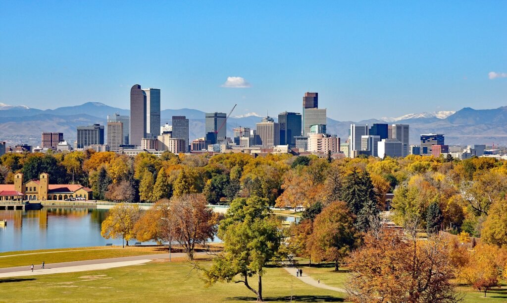 The Denver skyline with the Rocky Mountains on the horizon