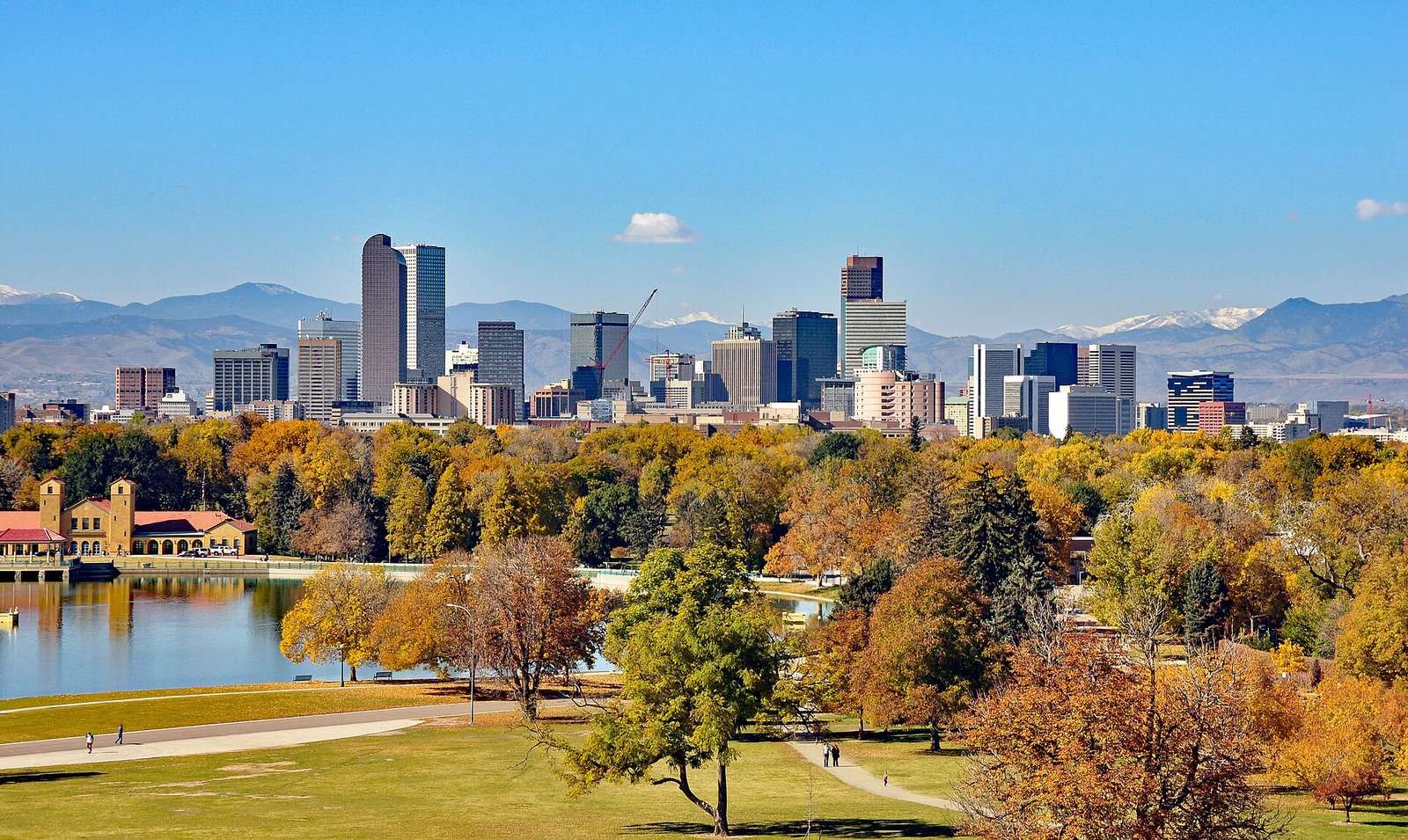 The Denver skyline with the Rocky Mountains on the horizon