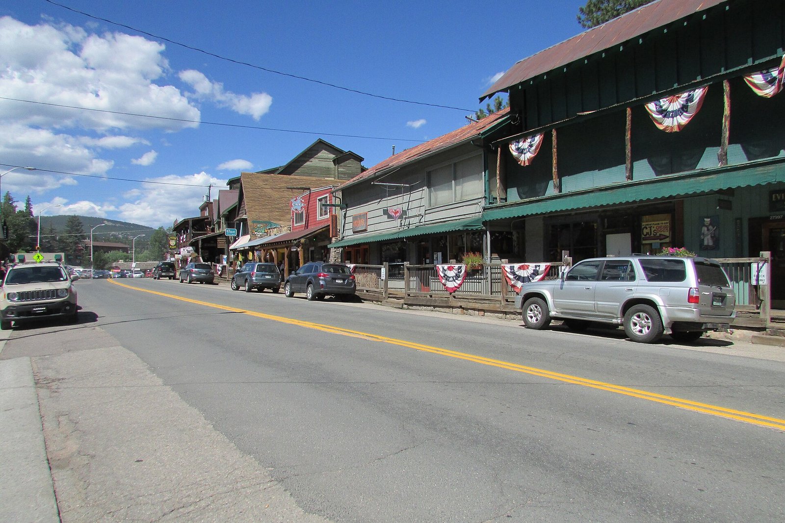 Bear Creek Road, the main street of Evergreen, Colorado, near Evergreen Lake
