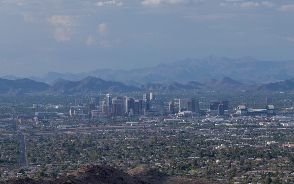 Downtown Phoenix with mountains on the horizon