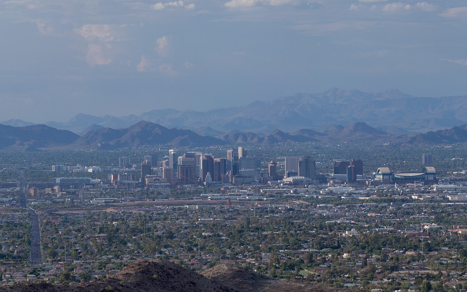 Downtown Phoenix with mountains on the horizon