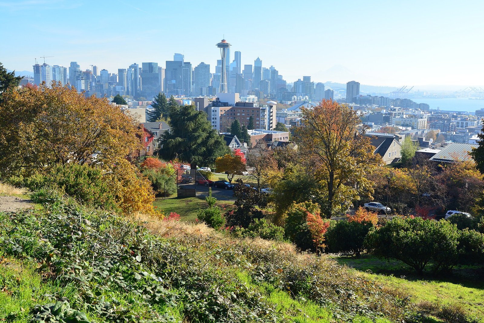 The Seattle skyline and Space Needle under gray skies