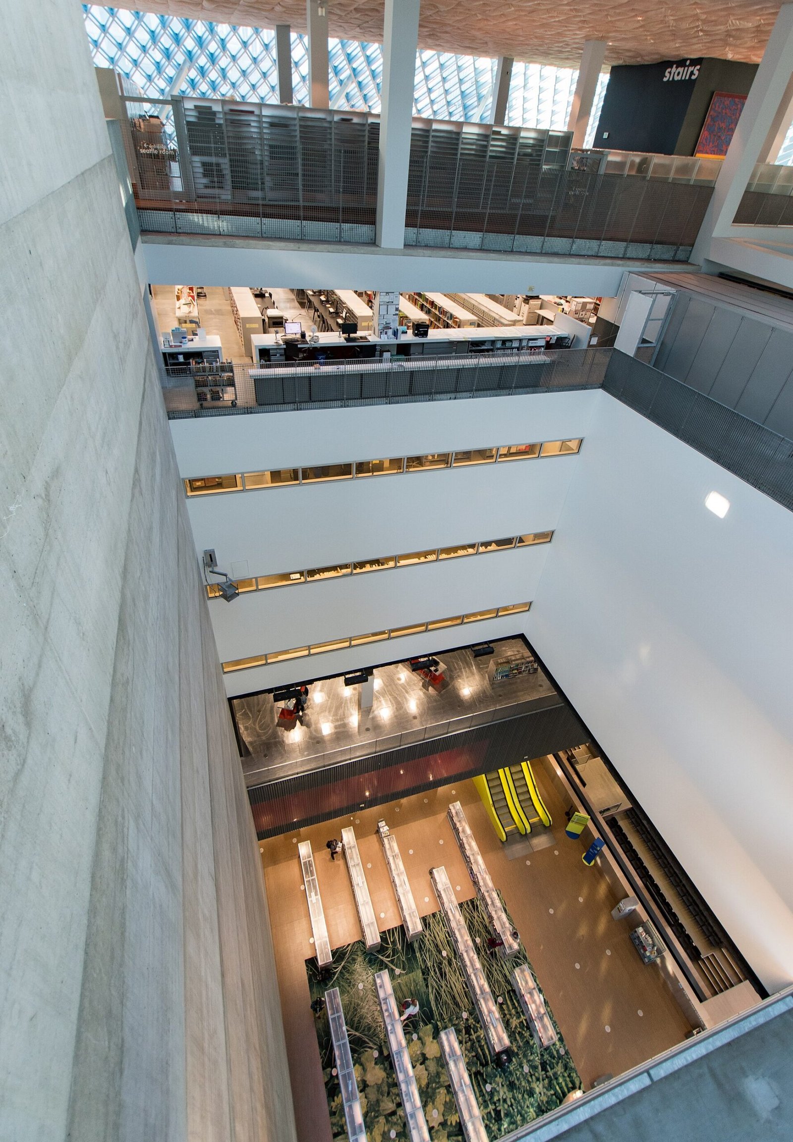 Looking down through the glass atrium of the Seattle Central Library