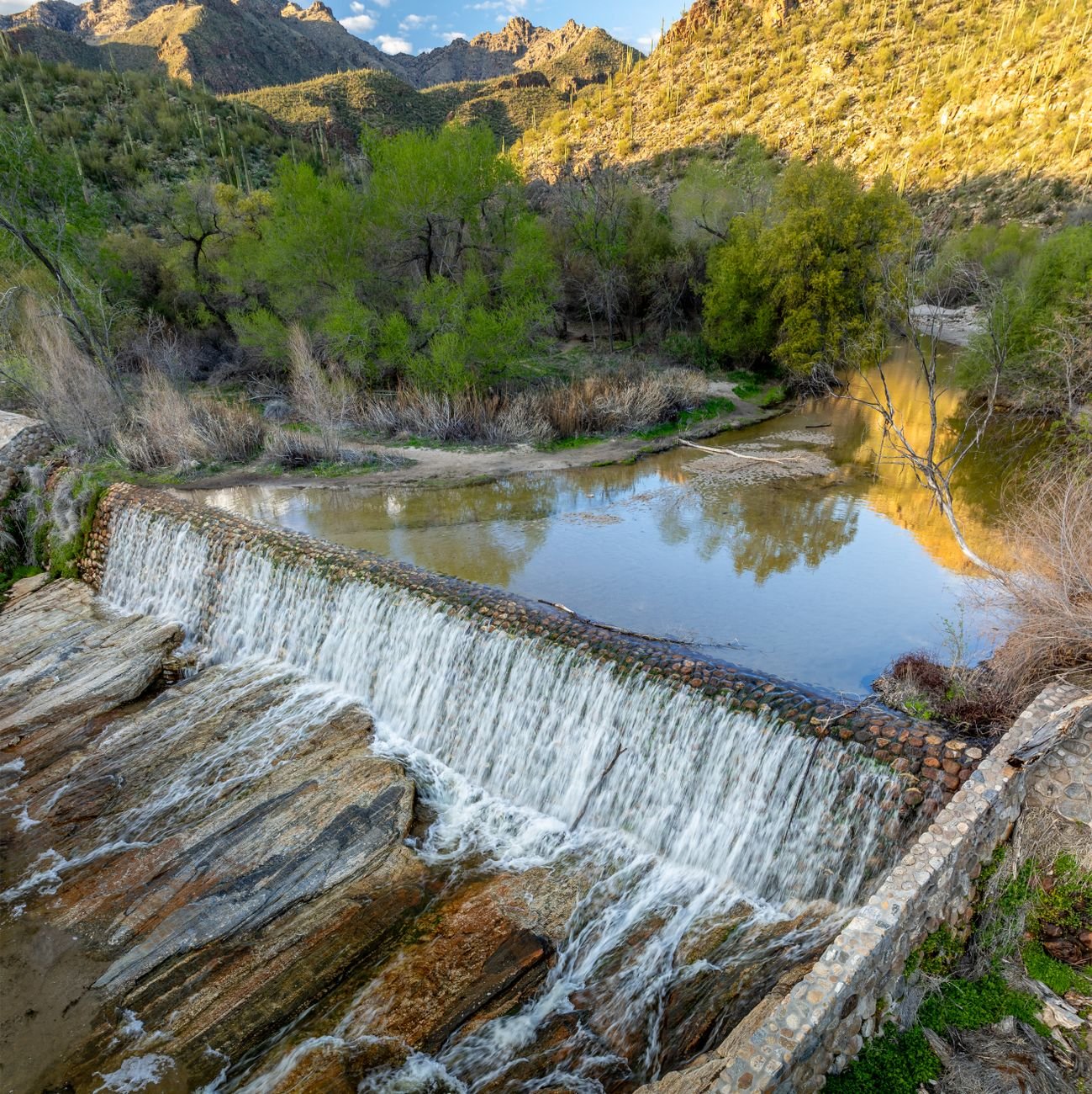 Rocky walls and desert creek in Sabino Canyon, Tucson