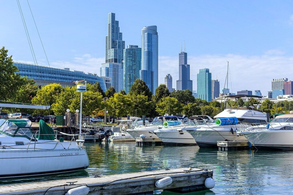 The Chicago skyline seen across Lake Michigan