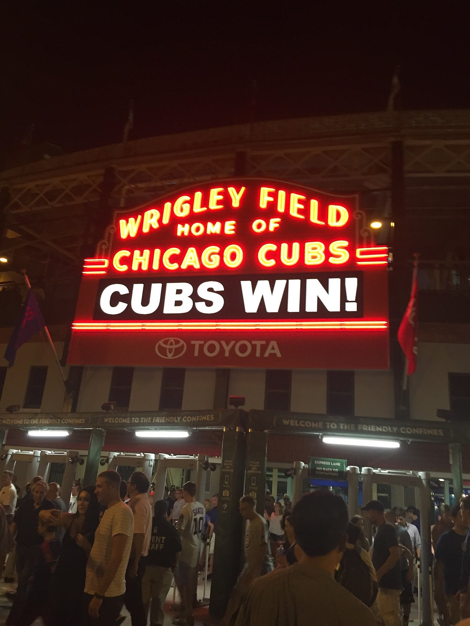 The red marquee of Wrigley Field on the North Side