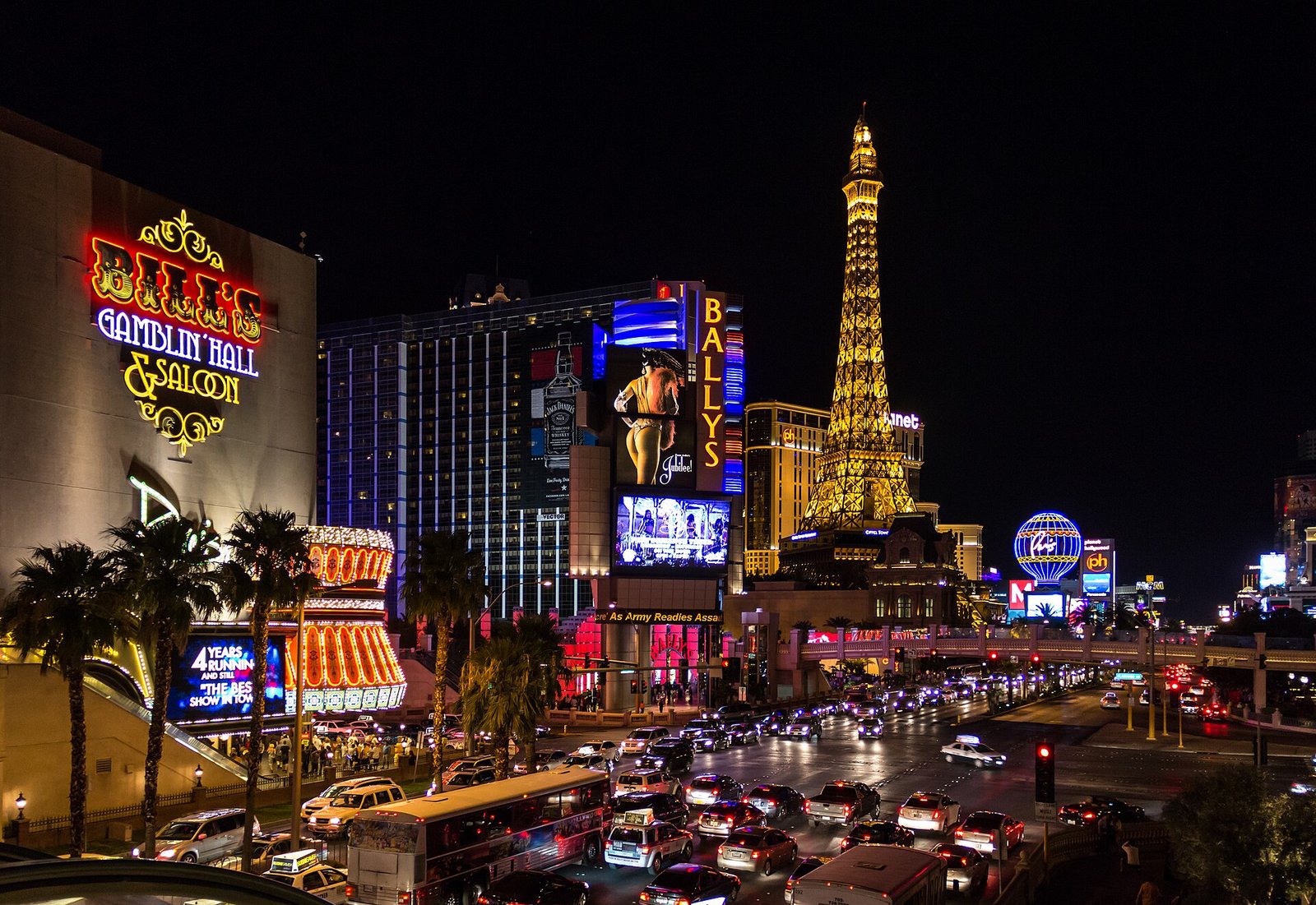 The Las Vegas Strip lit up at night outside Bally's and Paris
