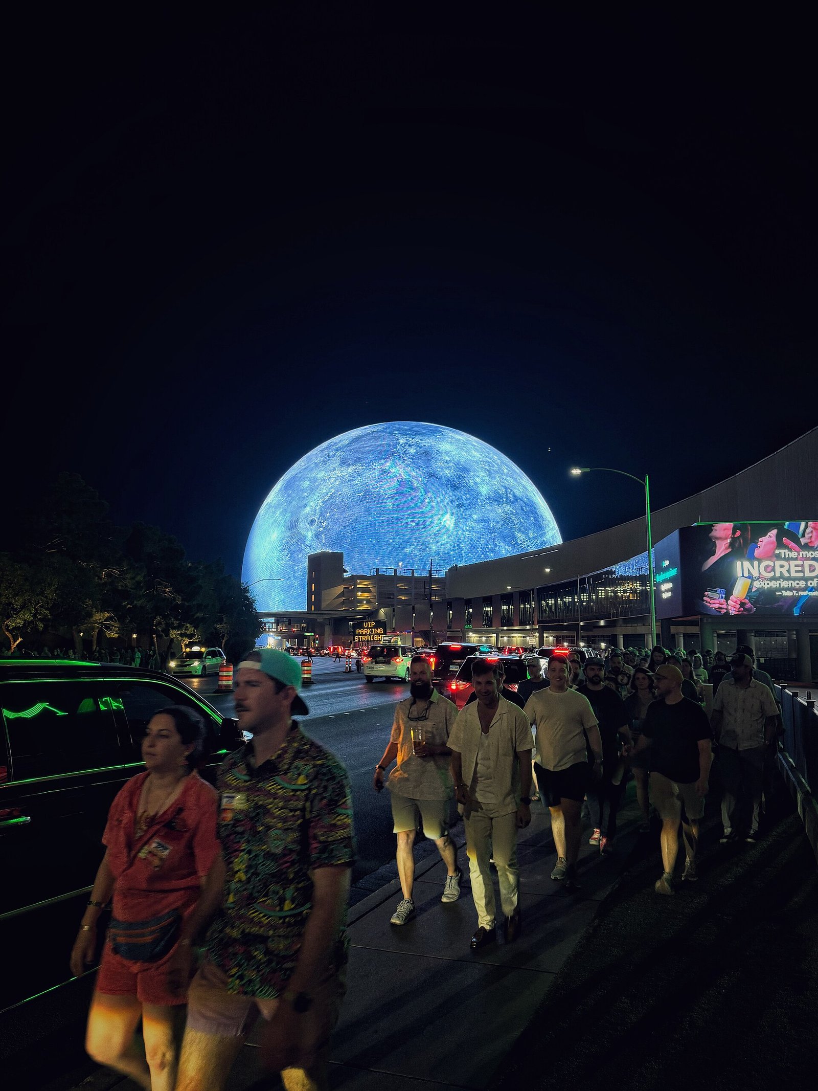 The Sphere lit up next to the Las Vegas Strip