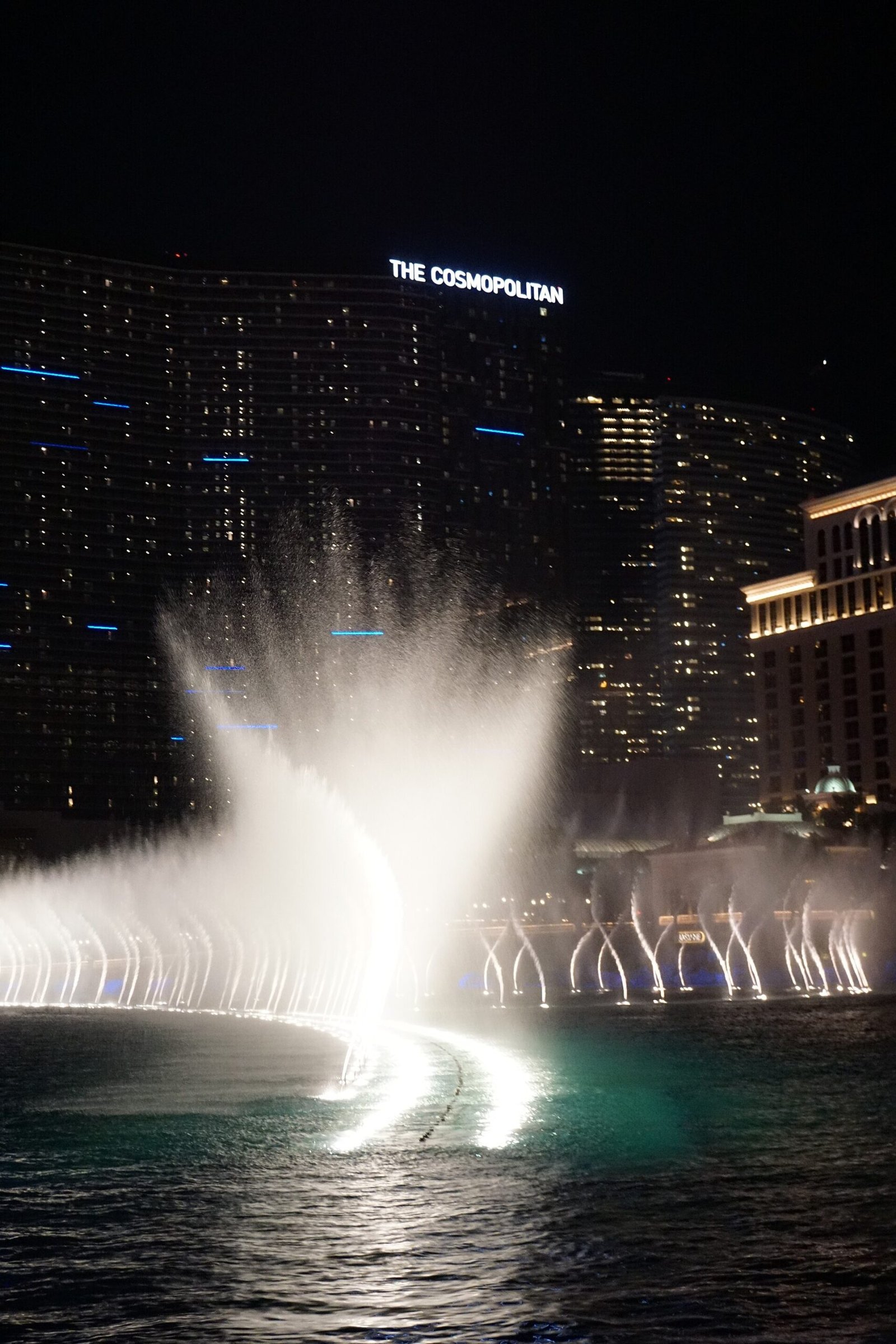The Bellagio fountains in front of the hotel on the Las Vegas Strip