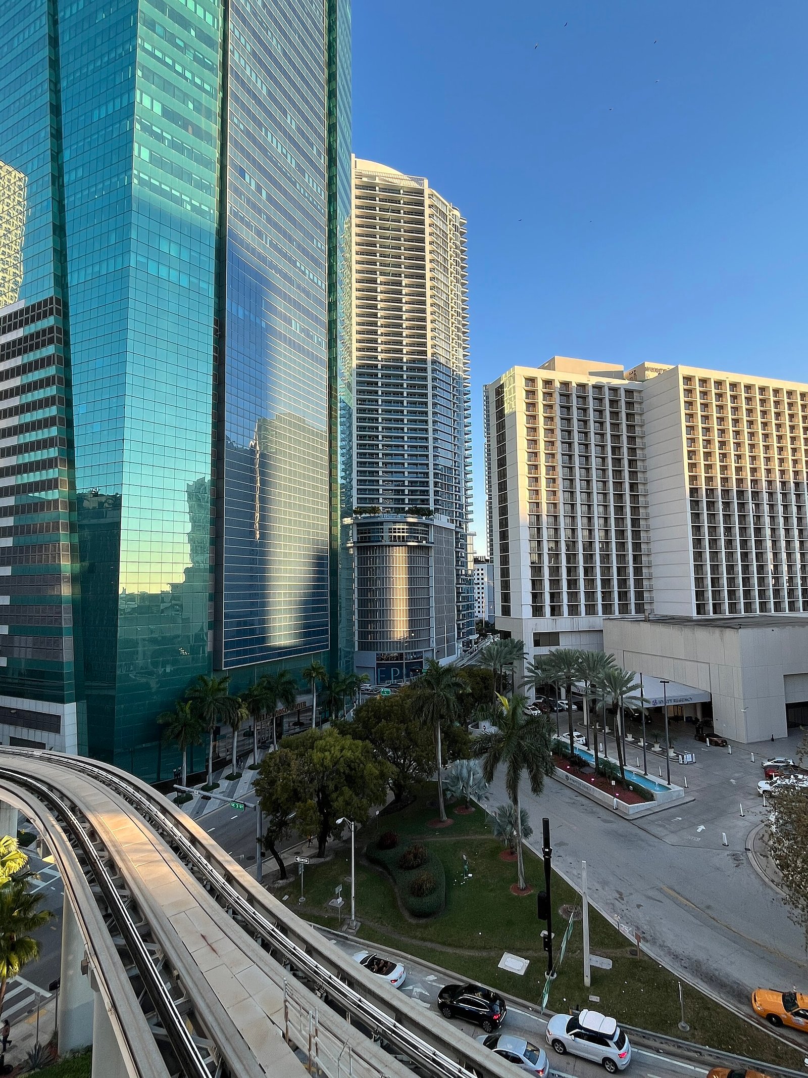 The free Metromover train running between towers in downtown Miami