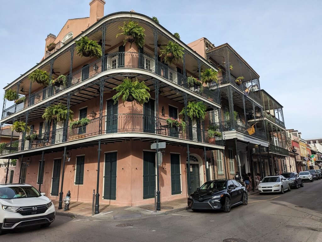 Iron balconies on a French Quarter street in New Orleans