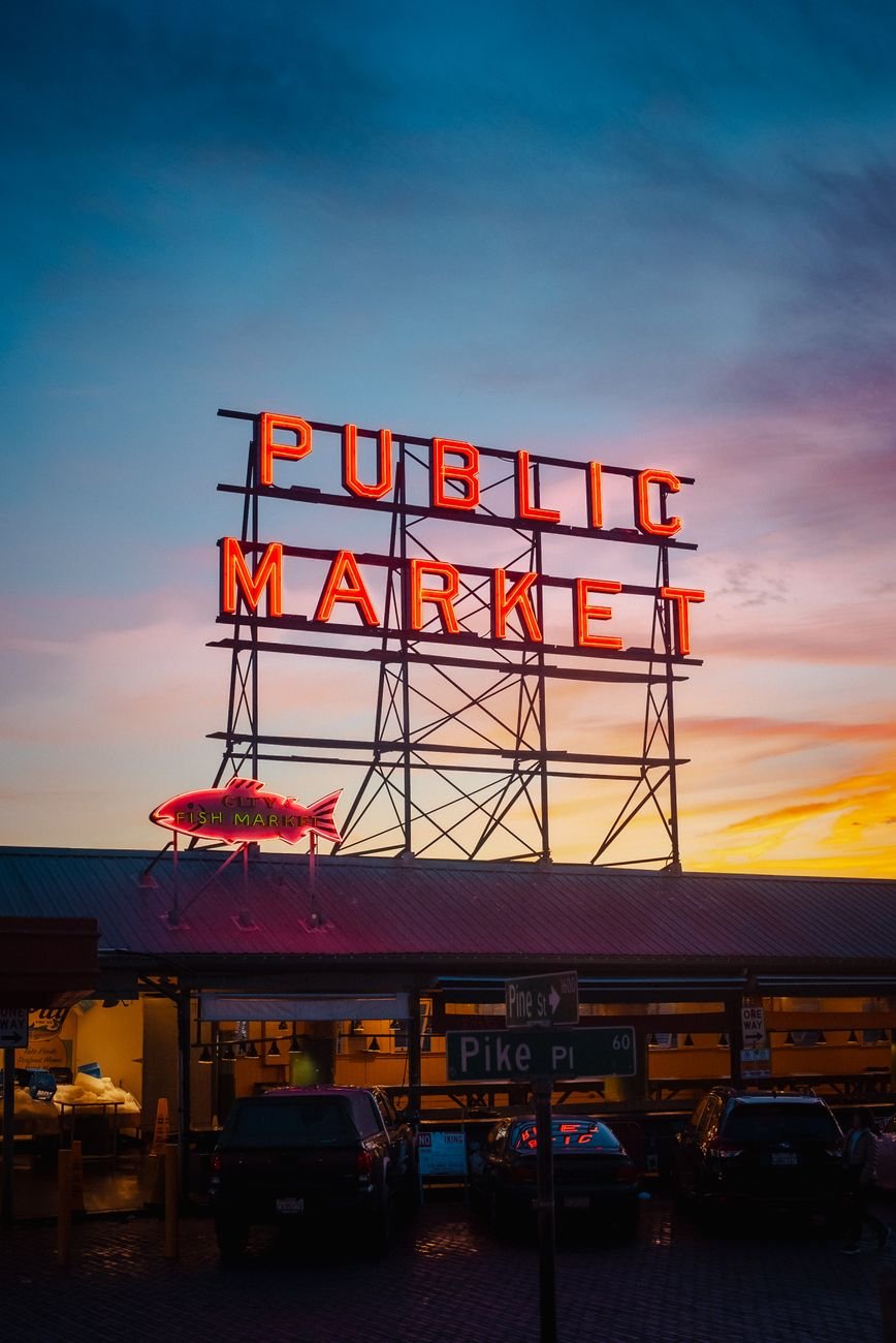 The Public Market Center sign at Pike Place Market in Seattle